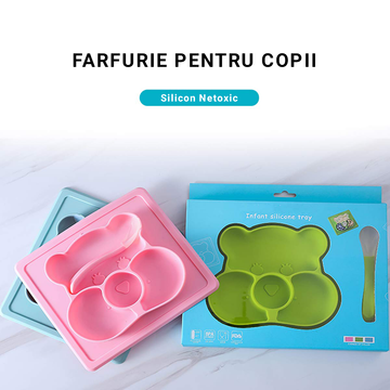 Tăviță pentru diversificarea bebelușului cu lingură Papa Bebe, 4 luni+, diverse culori, silicon, 22.5x20.2.5 cm